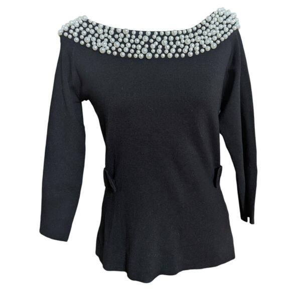 Michael Simon Off-The-Shoulder Sweater Pearl-Embellished Neckline 3/4 Sleeves - Picture 1 of 9